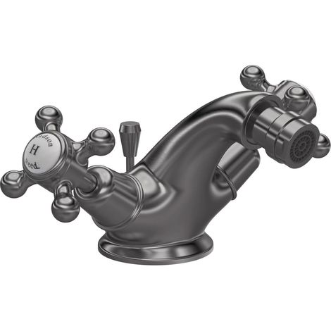 Hudson Reed Topaz Dome Collar Bidet Mixer Tap with Waste Crosshead Handle - White/Brushed Pewter (1/2)