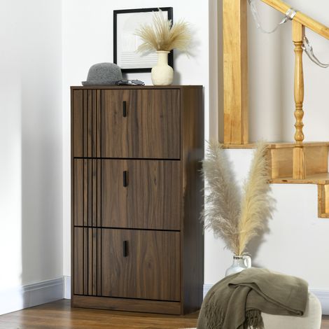 Schuhschrank mit 3 Klapptüren, Platz für 18 Paar Schuhe, große Ausführung, für Eingangsbereich, Flur oder Wohnzimmer, 63 x 24 x 117 cm, dunkler Nussbaum