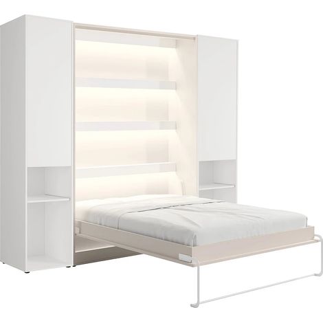 Letto a scomparsa verticale 160 x 200 cm 2 colonne contenitore Con LED Beige - RAPILI