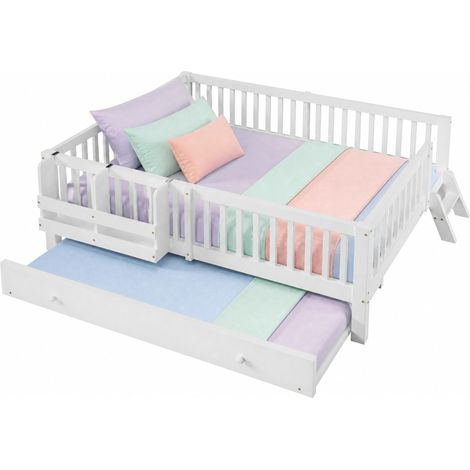 CHICFURN Cama plataforma 140x200 con barandilla de seguridad y cama nido extraíble, blanca, en madera y MDF, para niños y juveniles (1/5)