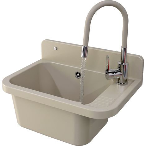 Évier de Service Granit Beige Paron avec Robinet Beige Flexible et Accessoires Inclus (1/5)