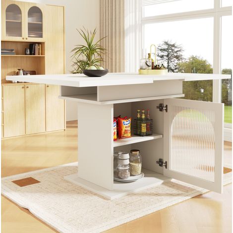 MEUBLIV Table à manger extensible 140x80 cm blanche – rangement intégré, 3 niveaux, 2 colis (1/5)
