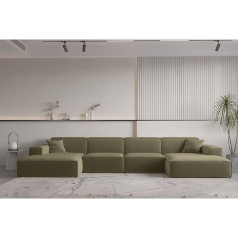 Wohnlandschaft U-Form CELES PREMIUM in Stoff Opera Velvet Olivgrün (1/2)