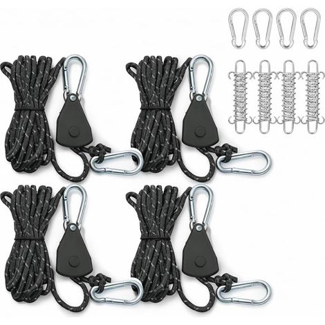 Tendeur Voile d'Ombrage Lot de 4, Corde à Cliquet avec Ressorts Corde nylon, mousquetons acier & ressorts pour campeurs accrocher et tendre sans nœud pour bâche, tente, jardin & bagages (1/5)