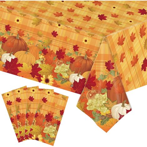 Juego de 4 manteles desechables con estampado de hojas de arce y calabazas, de plástico resistente al calor, ideales para mesas de fiestas de otoño y Acción de Gracias. (1/5)