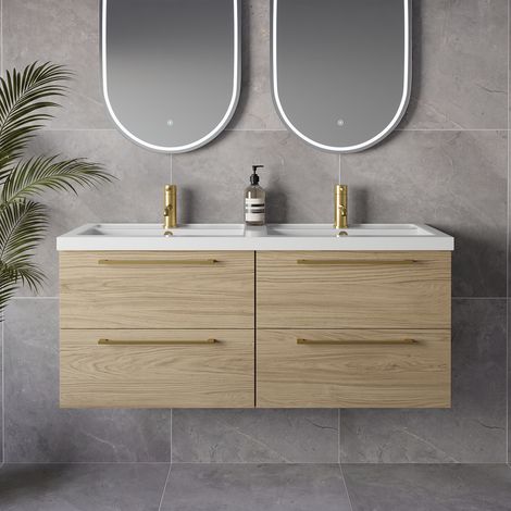 Napoli 390 Light Oak 1200mm Wall Mounted 4 Drawer Vanity Unit with Double Lucia Basins - 1200mm - Brushed Brass 320mm Handle