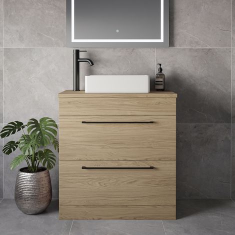 Napoli 390 Light Oak 800mm 2 Drawer Vanity Unit for Countertop Basins - 800mm - Matt Black 480mm Handle