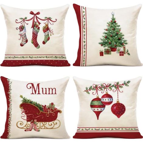 Weihnachtskissenbezug 45x45 4er Set Kissenbezug 45x45 Weihnachtsmann Elch Baumwolle und Leinen Dekorativer Kissenbezug für Weihnachtsdekoration 45 x 45 cm