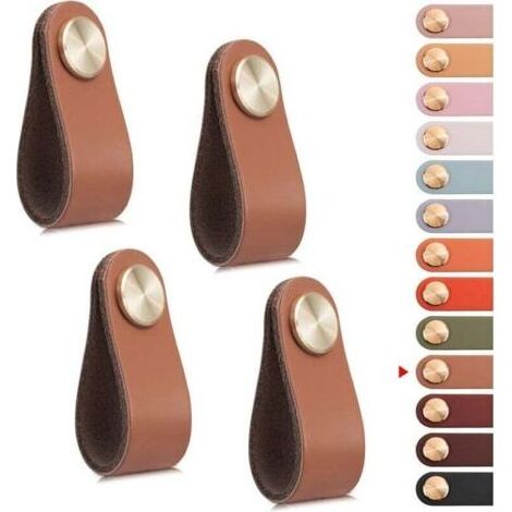 4pcs Poignée Meuble Cuir, Bouton Porte Placard Poignee Cuir Bouton de Tiroir, Poignee de Meuble Vintage pour Armoires, Commode, Cuisine, Salle de Bain (Café Clair, Monotrou) (1/5)