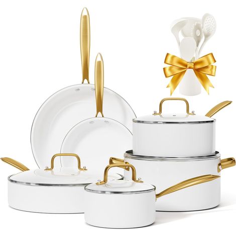Induction Set de casseroles et poêles avec couvercles, Céramique antiadhésif Batterie de cuisine, Set d'essentiels de cuisine Poêle à frire Sauteuse Poêle à sauce Spatules