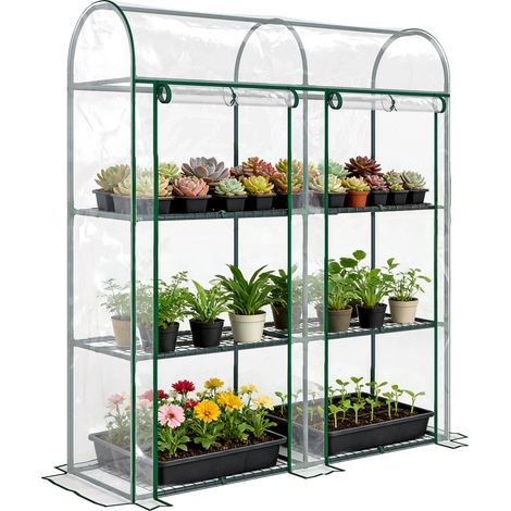 Serra da giardino con scaffali a 3 livelli. Piccola serra in telo PVC e telaio in acciaio. 2 porte scorrevoli. Trasparente (1/5)