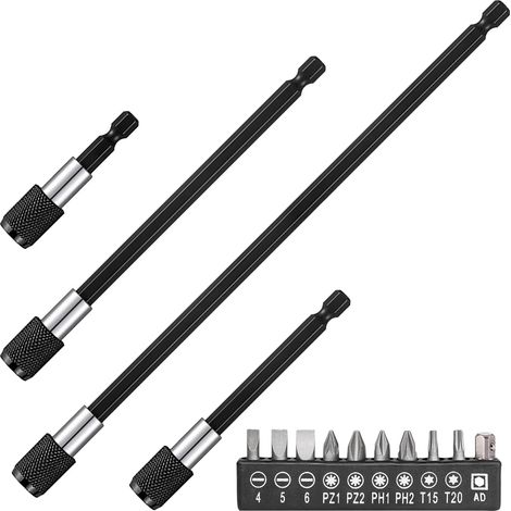 14 Pièces Rallonge Embout Visseuse, Tige D'extension en Acier Allié 60/100/150/300 mm, Porte Embout Visseuse 1/4, Perceuse Magnétique à Poignée, Tête D'extension pour Visseuse Sans Fil (noir) (1/5)