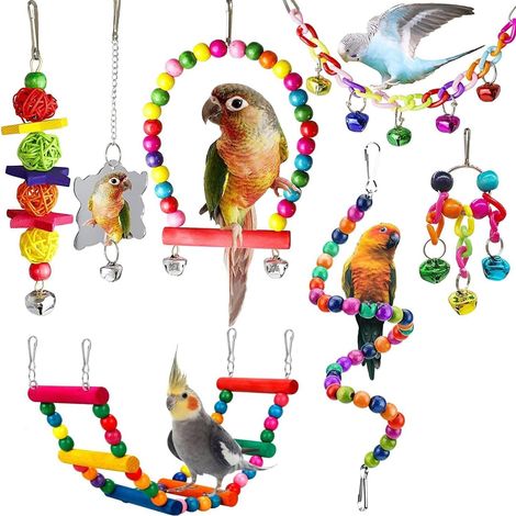 Lot de 7 Jouets à Mâcher avec Clochettes Colorées pour Perruches, Aras et Calopsittes (1/5)