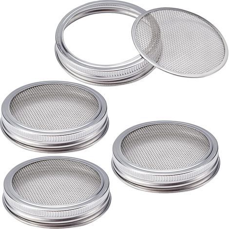 4 juegos de tapas para frascos de germinación, tapas de malla de acero inoxidable 304, kit de tapas coladoras para ensaladas de brotes de alfalfa (1/4)