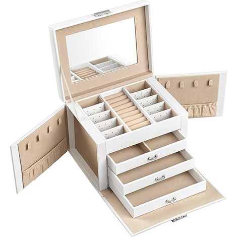 Songmics – Boîte à bijoux 4 niveaux – Coffre de rangement avec miroir et serrure – Compartiments pour colliers et bracelets – Doublure en velours – Blanc classique