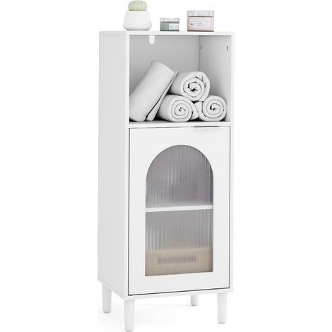 Mobiletto da bagno, mobiletto in legno con ripiano regolabile, anta in vetro temperato, antiribaltamento e gambe in legno massello, per soggiorno, bianco (1/5)