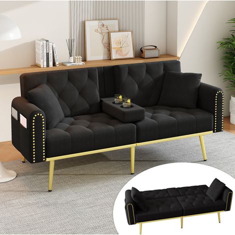 Schlafsofa 175x80x73.5 cm schwarz aus Samt mit verstellbarer Rückenlehne und Getränkehalter (1/5)