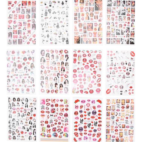 12 planches d'autocollants ongles lèvres femme motif adhésifs décoration auto-collante (1/5)