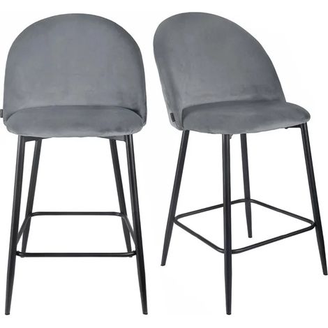 Lot 2 chaises de bar en velours gris foncé et pieds en métal - FARA 2 (1/5)