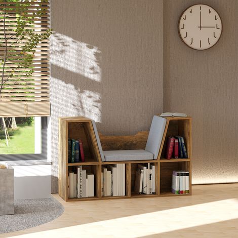Bibliothèque-coffre 2 en 1 avec coussins, étagère cube 6 compartiments ouverts, 102x30x61 cm, bois chêne style rustique