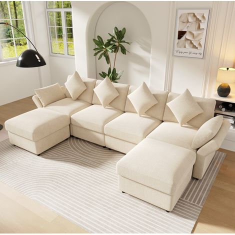 Sofá modular chenilla beige 284x156,5x86 cm con 2 pufs y brazos ajustables (1/5)