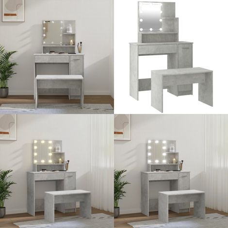 Ensemble de coiffeuse avec LED Gris béton Bois d'ingénierie - Table De Maquillage - Coiffeuse Avec Miroir - Meuble De Salle De Bain - Éclairage Led - Rangements - Home & Living