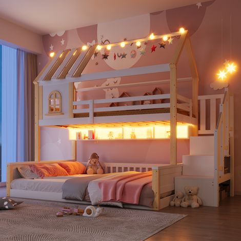 Lit Superposé enfant 90x200 et 140x200 cm,Lit Cabane avec éclairage LED,escalier de eangement et fenêtre Bois Massif Blanc Naturel (1/4)