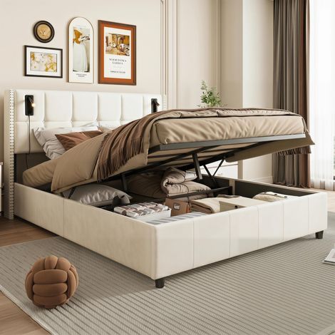 Lit coffre 160x200 cm, rangement hydraulique, liseuses intelligentes et station de charge (USB & Type-C), Velours, sommier à lattes，Beige