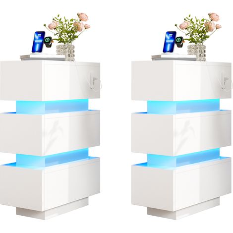 Table chevet blanc lot de 2, 20x40x59,5, prise, LED, 3 tiroirs (1/5)