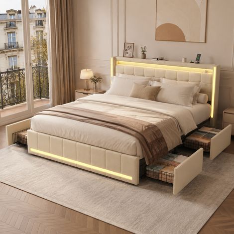 Lit double 140x190 avec 4 Tiroirs, lit adulte avec sommier, avec Tête de Lit Rembourrée, bandes lumineuses LED en tête et pied de lit, lin beige (1/5)