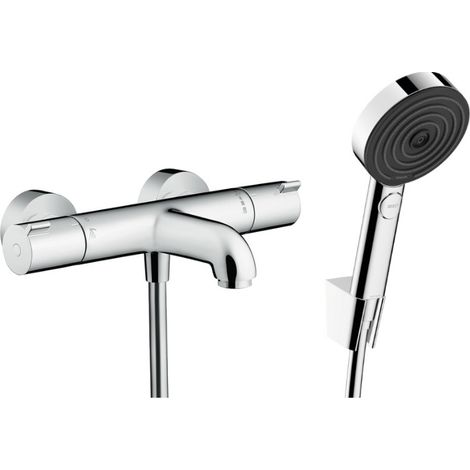 Hansgrohe Ecostat Set Wannen-/Brausethermostat + 105 mm 3-Strahl-Handbrause + 125 cm Brauseschlauch + Wandhalterung, Chrom