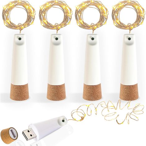 USB-aufladbare Flaschenlichter, 2 m, 20 LED-Flaschendeckellichter, 8 Modi, Kupferdraht-LED-Lichterkette, DIY-Dekoration für Weihnachten, Party, Outdoor, Gläser (Warmweiß, 4 Stück) (1/5)