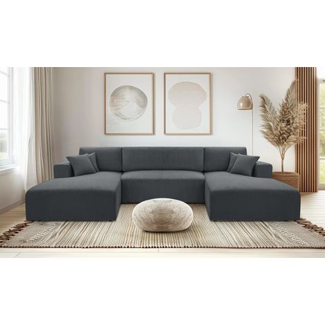 AX LIVING Graues Sofa mit Schlaffunktion – Catea U Cord Wohnlandschaft 364 cm