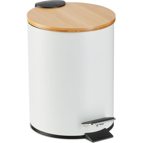 Relaxdays Cubo de Basura Baño 3 Litros, Papelera Tapa de Caída Automática de Bambú, con Bote Interior Extraíble, Blanco (1/5)