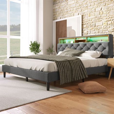 Lit 140x200 rembourré lin gris avec rangement, tête de lit LED, cadre lattes bois, sommier inclus, 2 places