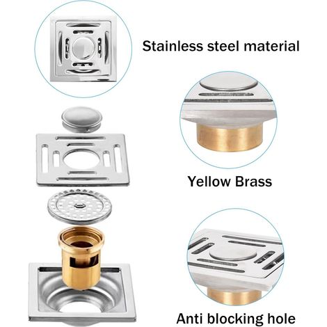 Piletta di scarico quadrata, in acciaio inox antiodore con filtrazione a doppio strato e coperchio rimovibile, ideale per bagno, doccia, WC, lavanderia e giardino - 10×10 cm (1/4)
