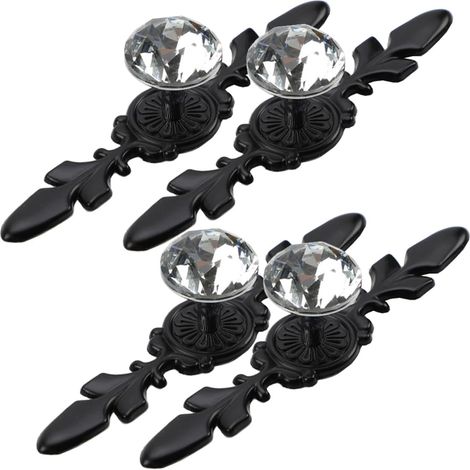 Schwarze Kristall-Möbelgriffe [4er-Set] — Vintage-Kommodenschubladengriffe, dekorative Kristallglasgriffe im Diamant-Stil mit Sockel (schwarzes Kristall, 12 cm) (1/5)