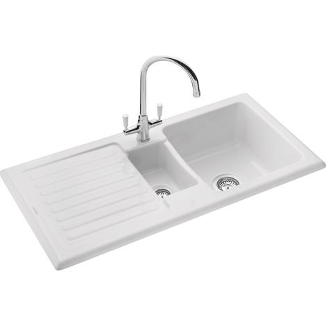 Rangemaster Rustic Kitchen Sink 1.5 Bowl White Ceramic Inset Reversible Waste (1/4)