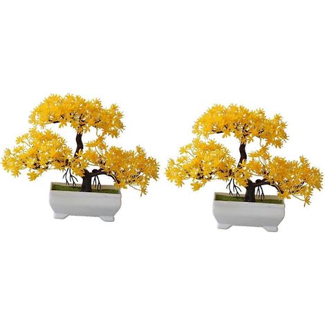 Lot de 2 plantes artificielles bonsaï en plastique, petits pots, fausses plantes et fleurs décoratives pour la maison, la chambre ou une table, jaunes (1/5)