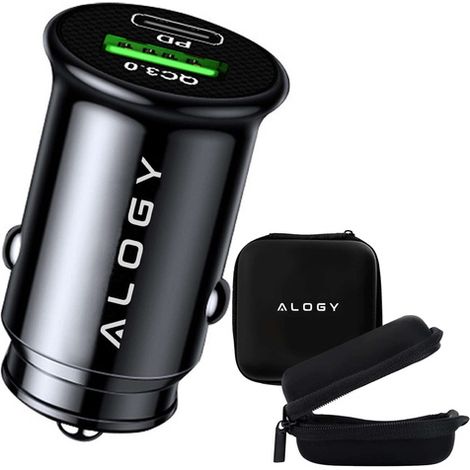 Cargador de coche de 38 W USB QC 3.0 18 W + USB-C C PD 20 W, rápido y potente para teléfono Alogy Car, color negro + funda (1/5)