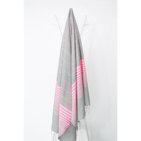 Fouta 100x200 gris rayures rose fluo - 100% coton - franges (1/4)
