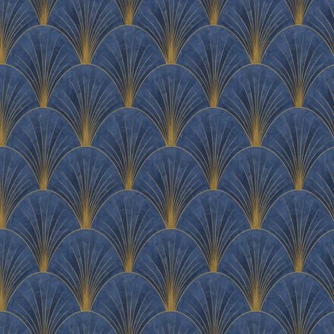 Erismann Blue Art Deco Avant Garde Wallpaper Gold Geometric Fan Feature Wall