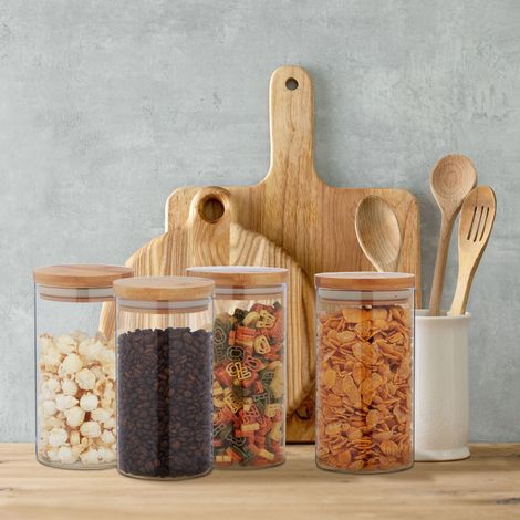 Relaxdays Vorratsgläser Bambusdeckel, 4er Set, Vorratsdosen Glas, 1000ml, luftdicht, Glasbehälter, transparent/natur