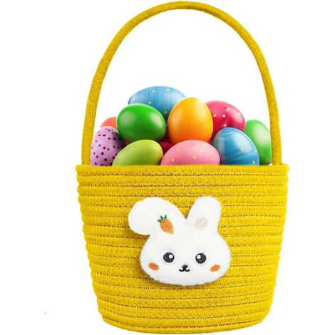 Cesta De Pascua - Algodón Orgánico Y Madera Natural - Para Niños - Decoración Interior - Amarillo - 1 Unidad (1/5)