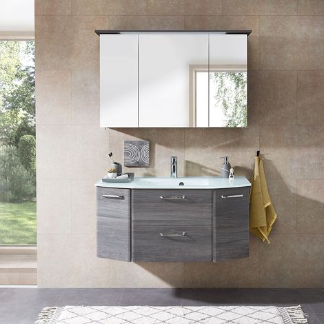 Badezimmer Waschplatz ALINA-66 mit Glas-Waschbecken in Graphit Struktur quer Nachb. - B/H/T: 115/195/48cm (1/5)