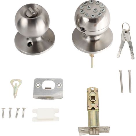 Poignée de porte à clavier avec serrure et clé, poignée de porte électronique ronde à bille pour porte de 35 à 55 mm d'épaisseur, appartement, bureau, garage, argent (1/5)