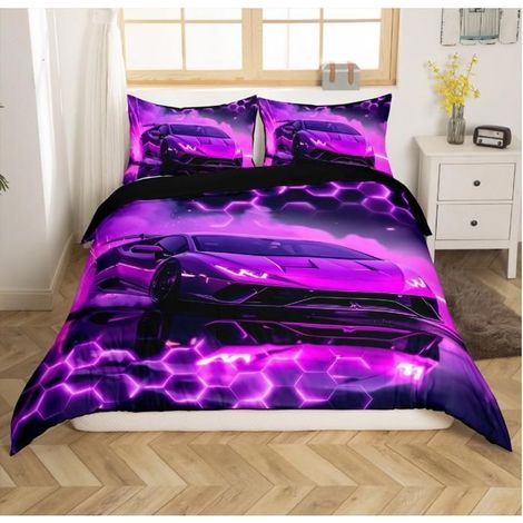 Voiture de Course Ensemble de Literie Sports Extrêmes Housse de Couette 220x240cm Violette néon Combe d'miel Hexagonal Parure - C9M (1/4)