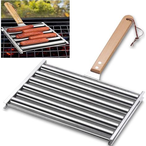 Rouleau à hot-dogs de 24 cm de long pour barbecue, grille à saucisses en acier inoxydable avec poignée en bois amovible pour une cuisson uniforme, idéal pour la cuisine en extérieur et les barbecues.