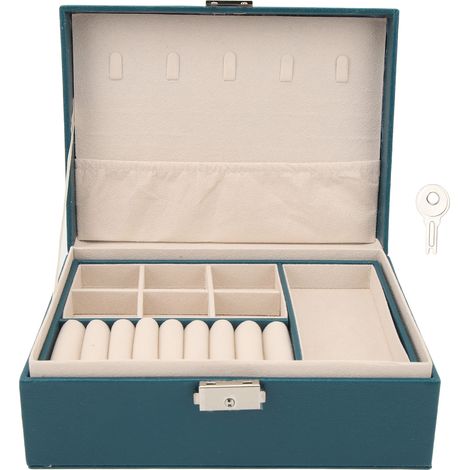 Organisateur de Bijoux Double Couche Grande Capacité Vert Foncé avec Serrure Créatif (1/5)