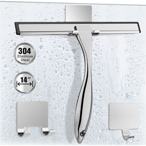 1 Racloir de douche en acier inoxydable, 2 crochets adhésifs, pour portes de salle de bain et vitres de voiture, argent (1/5)